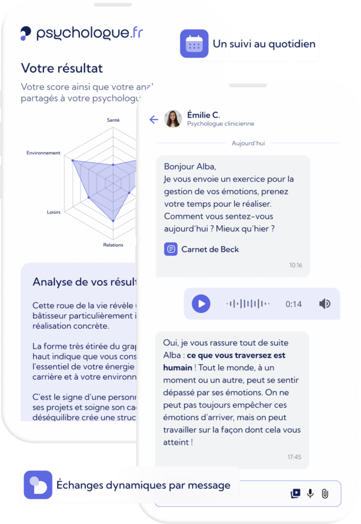 Echangez par messages écrits, vocaux et vidéos avec votre psychologue