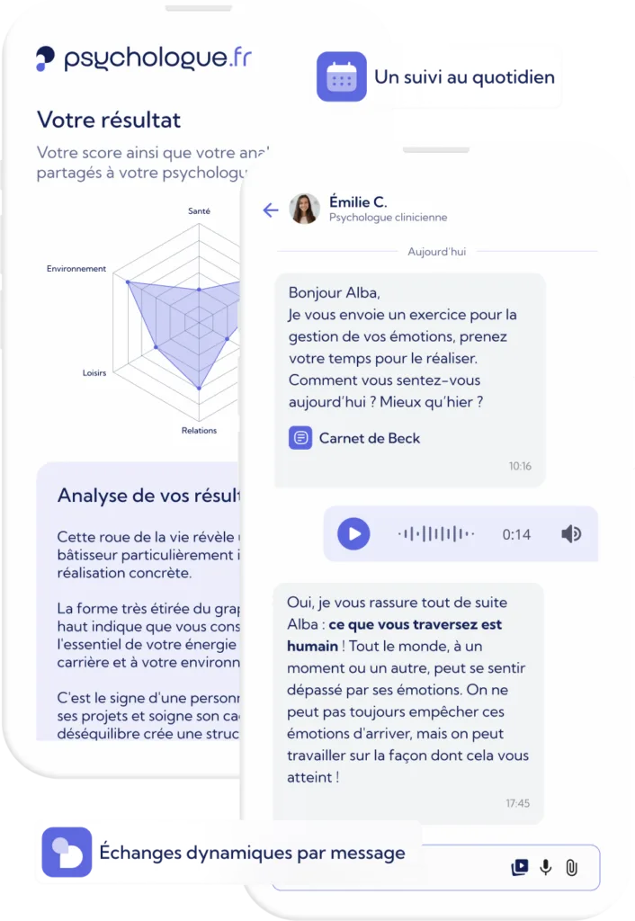 Echangez par messages écrits, vocaux et vidéos avec votre psychologue
